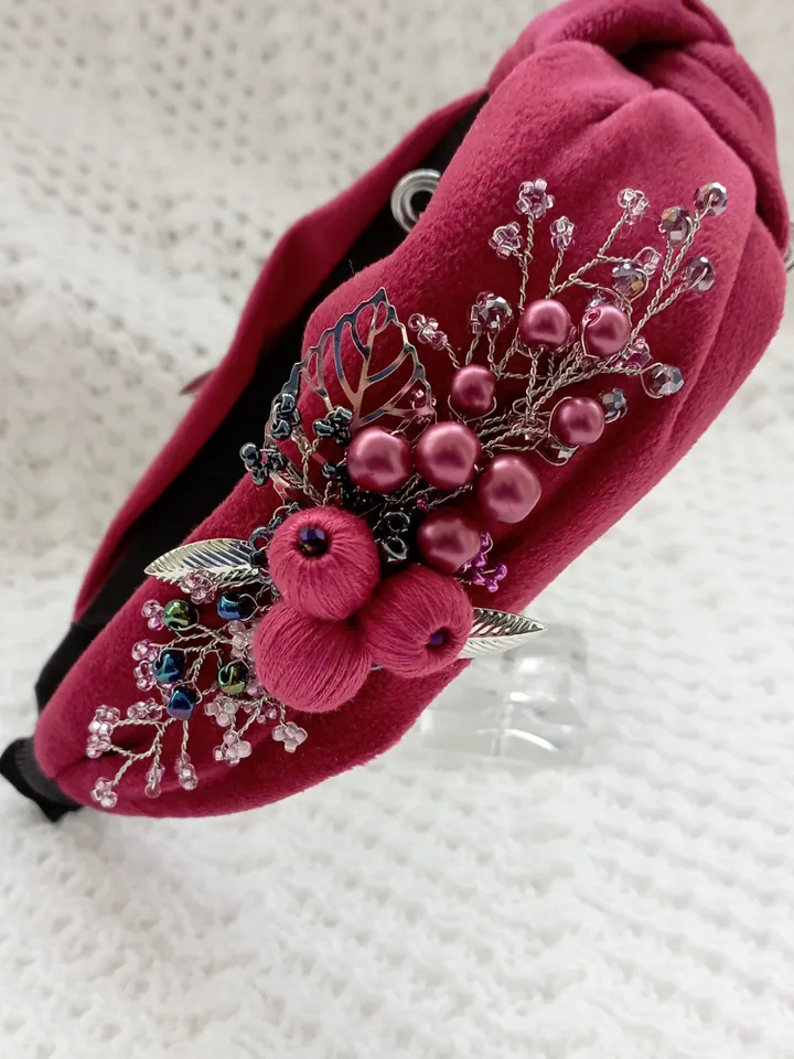 Magenta tie headband for women, beaded crystal headband, velvet embroidered headband, embellished headband, turban headband