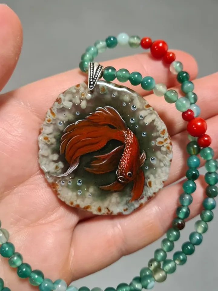 Necklace Siamese cockerel fighting fish Hand painted Christmas Gift Wrapping