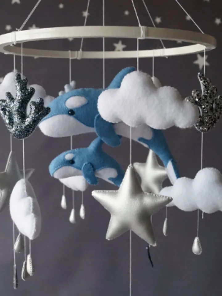 Whales baby mobile for nursery decor, hanging clouds and stars handmade hypoallergenic materials