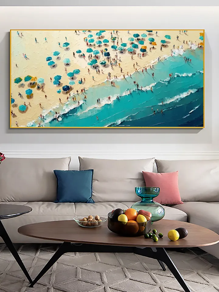 Large Original Beach Oil Painting on Canvas, Abstract Blue Seascape Painting, Texture Wall Art, Custom Painting, living room Wall Decor