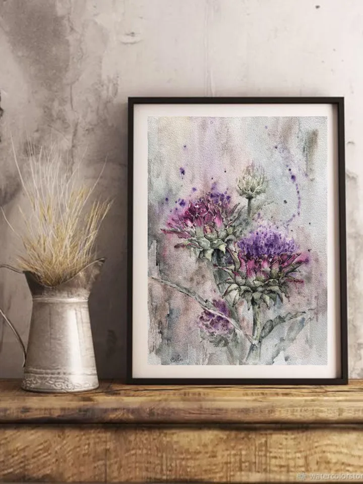 Artichoke Art Flowers Original Painting Wildflowers Wall Art  Meadow Painting