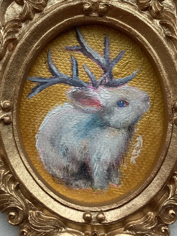 Jackalope Painting Small Original Framed Art Cryptid Gifts Mini Gold Framed Decor, Fairy Creatures Art, Tiny Art Whimsigoth Decor