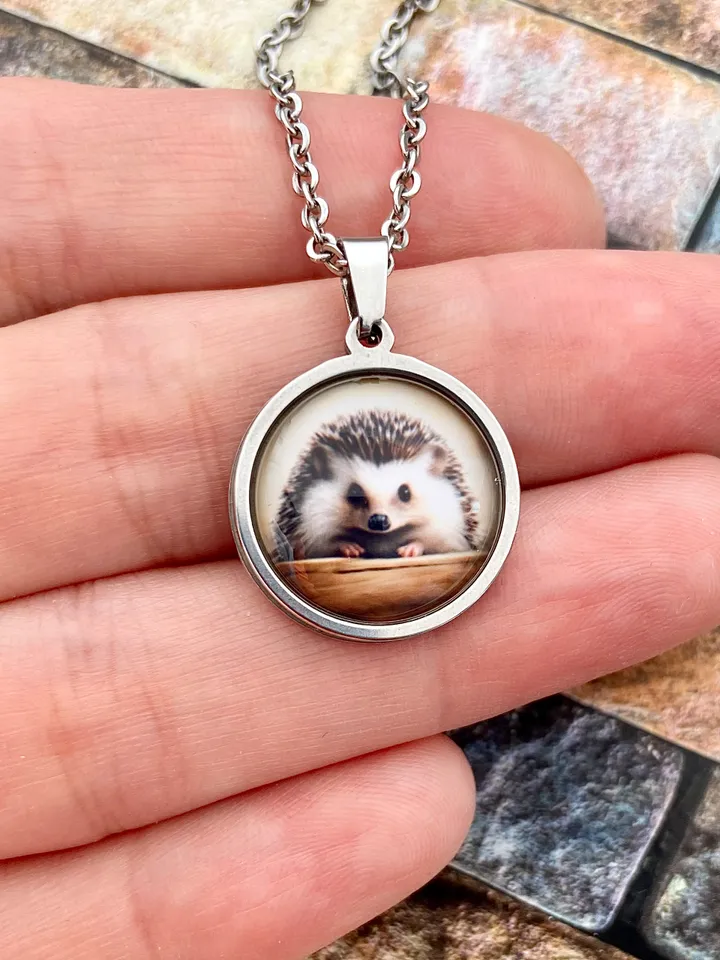 Hedgehog necklace, steel pendant with glass, Hedgehog lover gift