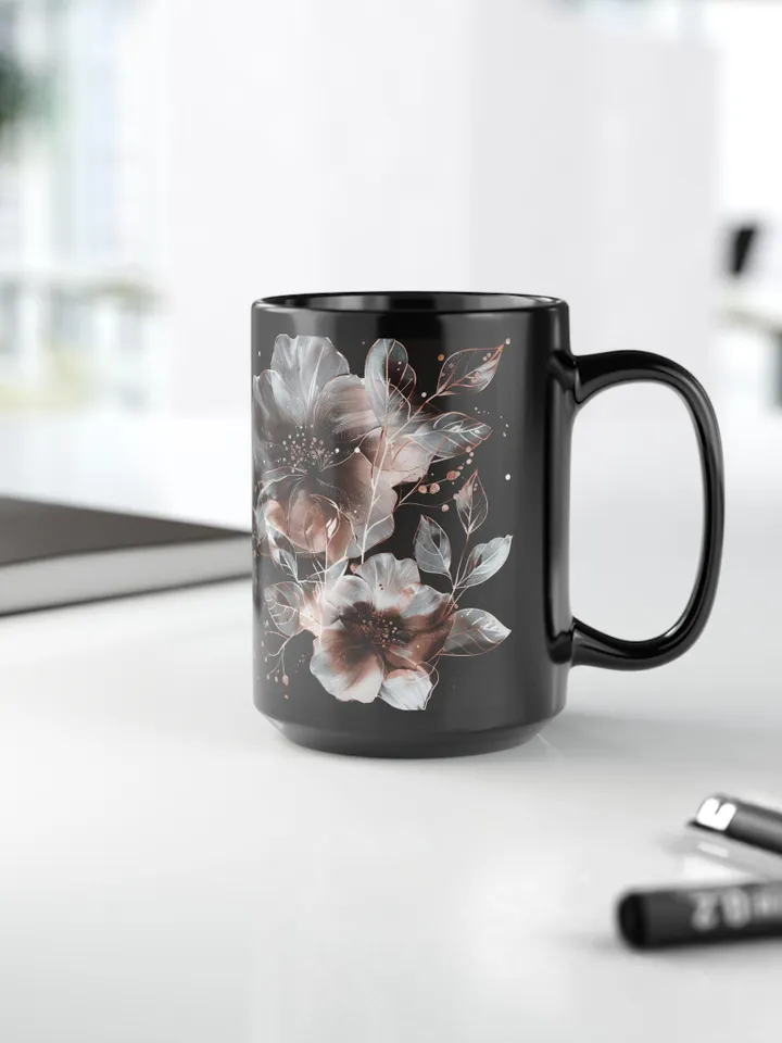 Black Floral Mug, Coffee Lover Gift, Tea Cup, Home Decor, Chic Kitchen Accessory, Ceramic 11oz 15oz