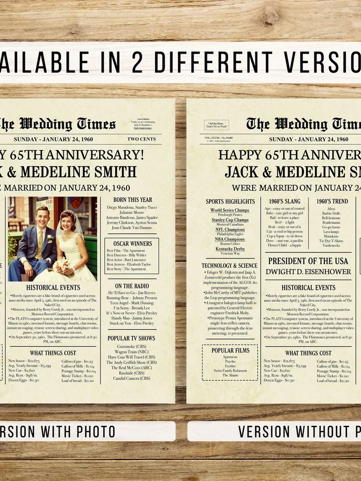 65th Wedding Anniversary Gift for Parents, 1960 Anniversary Newspaper Poster, 65th Anniversary Gifts, Printable Digital Download