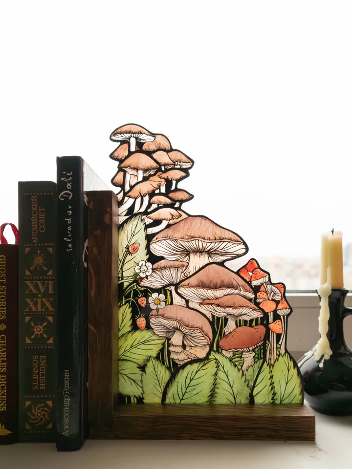 MADE TO ORDER, Stained glass bookends with mushrooms, Home decor with fungi