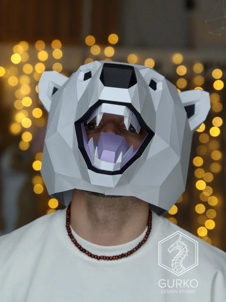 Polar Bear Mask Papercraft, Digital Template, PDF Download, Gurko, 3D Low Poly Animal Mask, DIY Origami, Pepakura, Paper Mask, DIY Costume