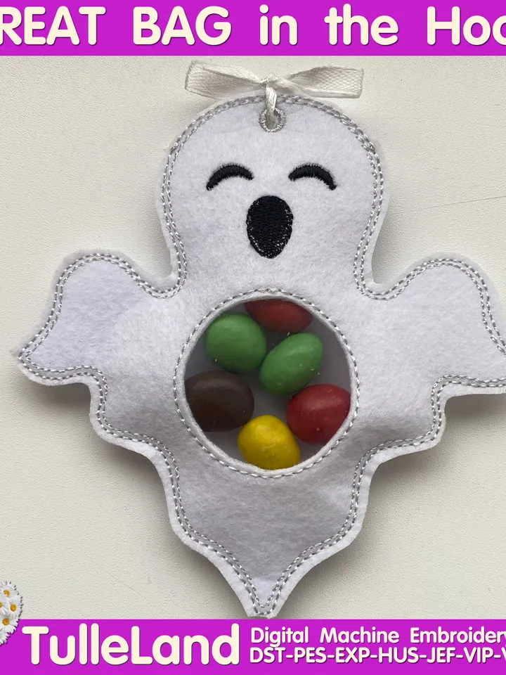 In The Hoop Machine Embroidery design ITH Peekabo Bag Halloween Ghost Witch Skeleton Spooky Treat Bag ITH Pattern. Included 5 sizes!
