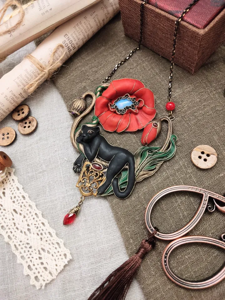 Poppy red necklace, Poppy pendant, Panther necklace, Black Panther, Panther pendant
