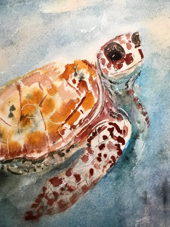 Turtles flying over a fantasy town,original watercolor painting,turtles painting,animals watercolor painting,fantasy wall art.