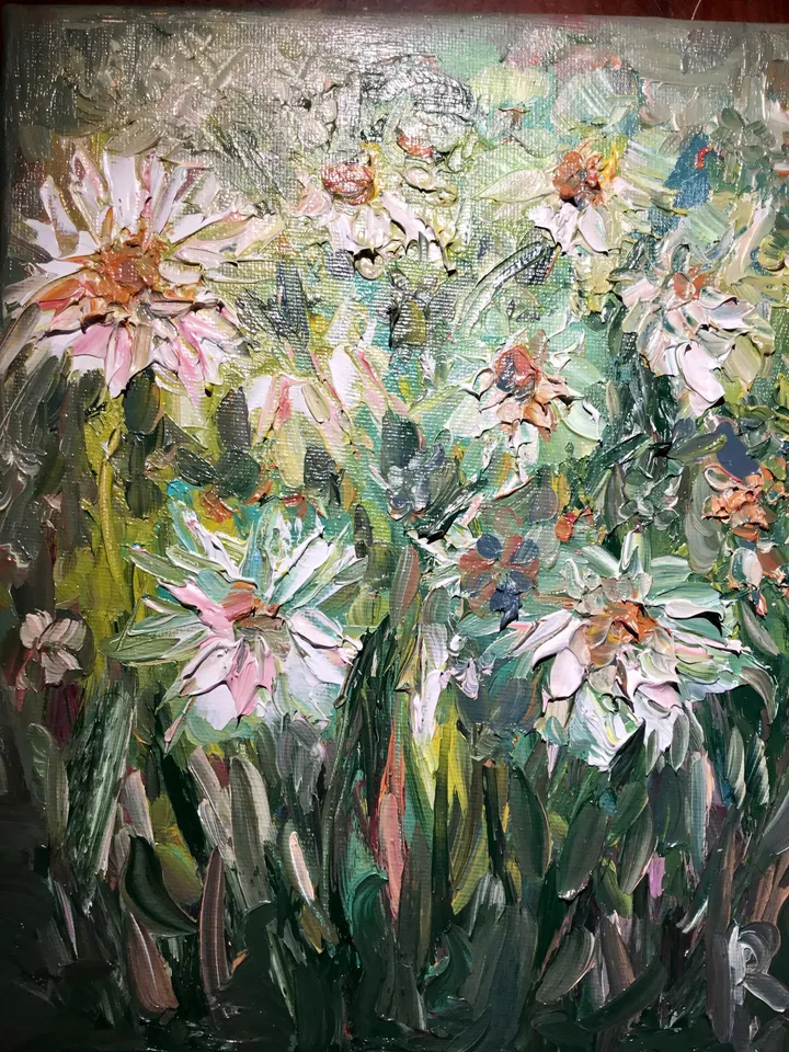 Daisies oil painting,abstract flowers original oil painting on stretched canvas,textured impasto style oil painting,flowers wall hanging
