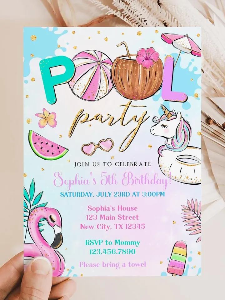 Pool Party Invitation Girl, Pool Party Unicorn Invitation Instant Download, Swimming Party Invite, Canva Editable Template
