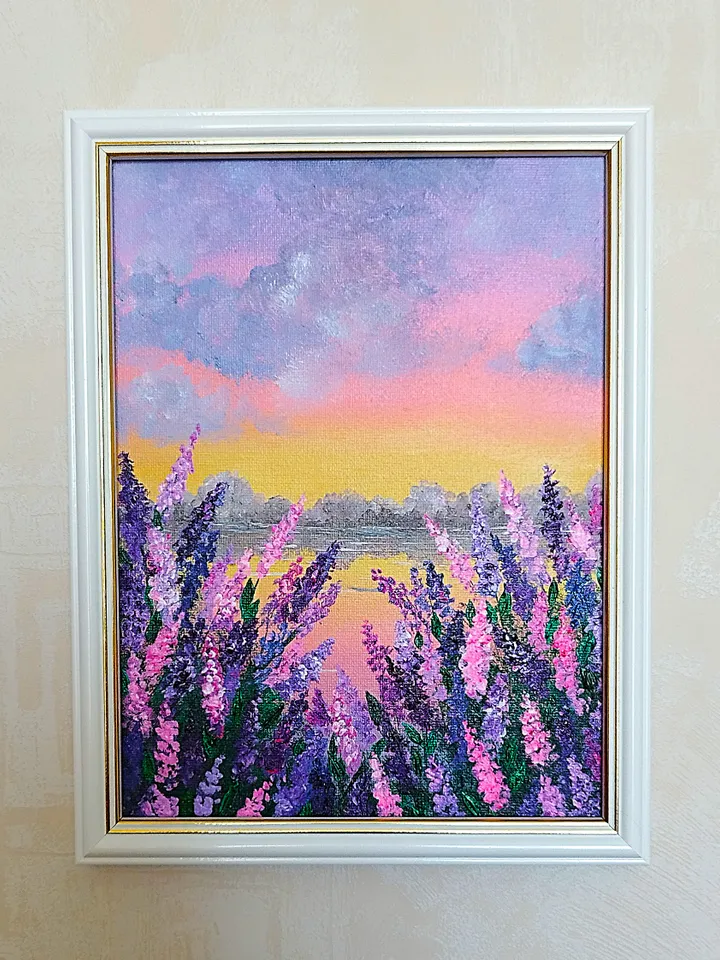 Sunset acrylic painting. Landscape art impasto wall decor