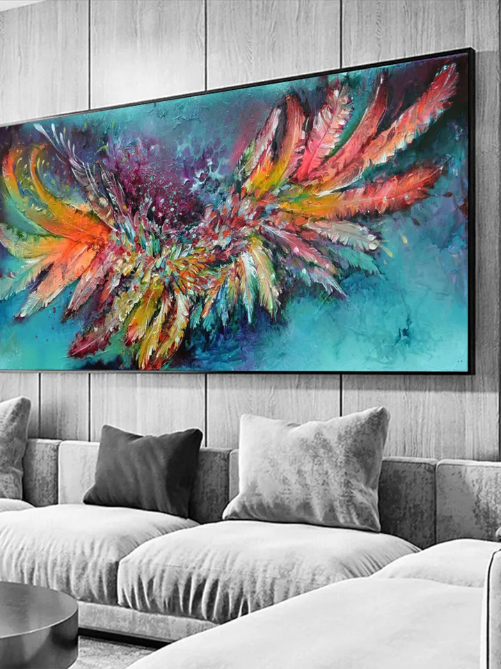 Original Painting On Cnavas, Abstract Colorful Feathers Painting, Boho Wall Decor, Large Wall Art, Modern Art, Office Living room Wall Decor