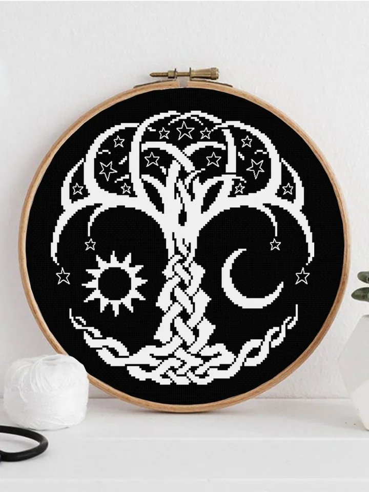 Celtic Tree of life cross stitch pattern PDF Monochrome mandala cross stitch chart, Tree embroidery Instant download PDF, Sun and moon #M189