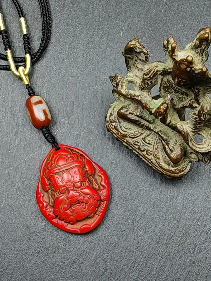 Authentic Old Cinnabar Mahakala Amulet with Dzi Bead, Gandhanra Tibetan Protective Charm,Spiritual Gift