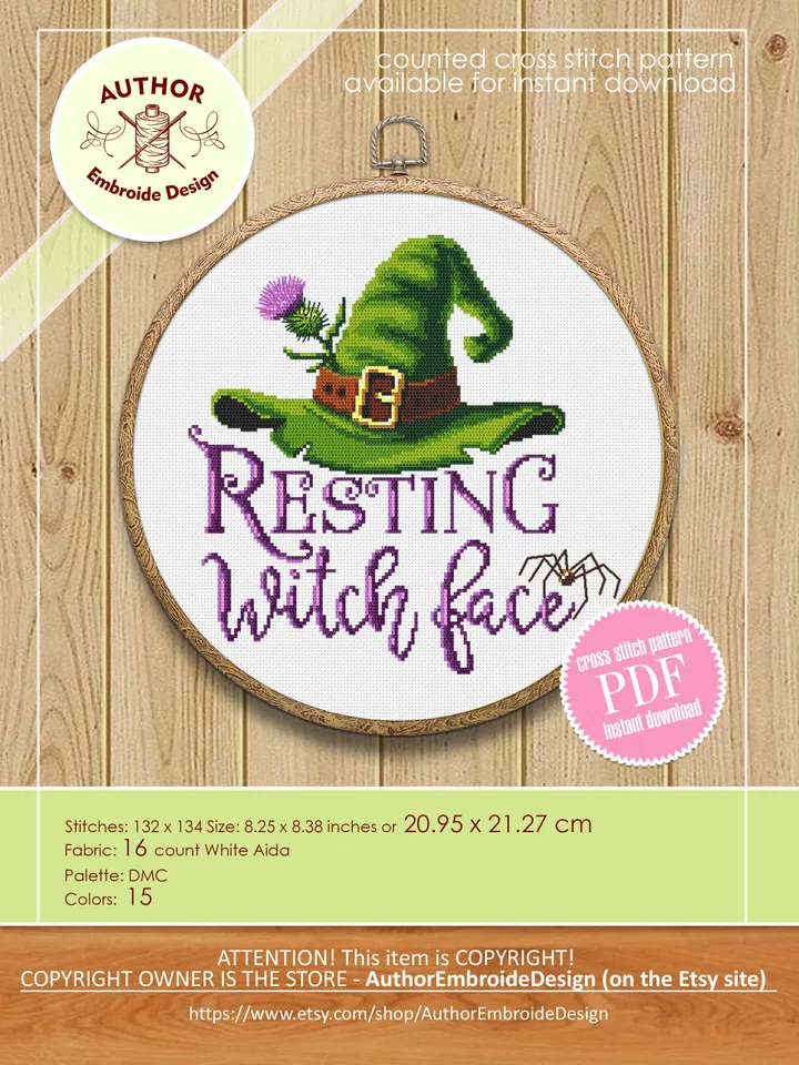 Resting witch face cross stitch pattern download PDF, Halloween witch cross stitch chart, Cute Halloween pattern digital PDF Home decor #H46