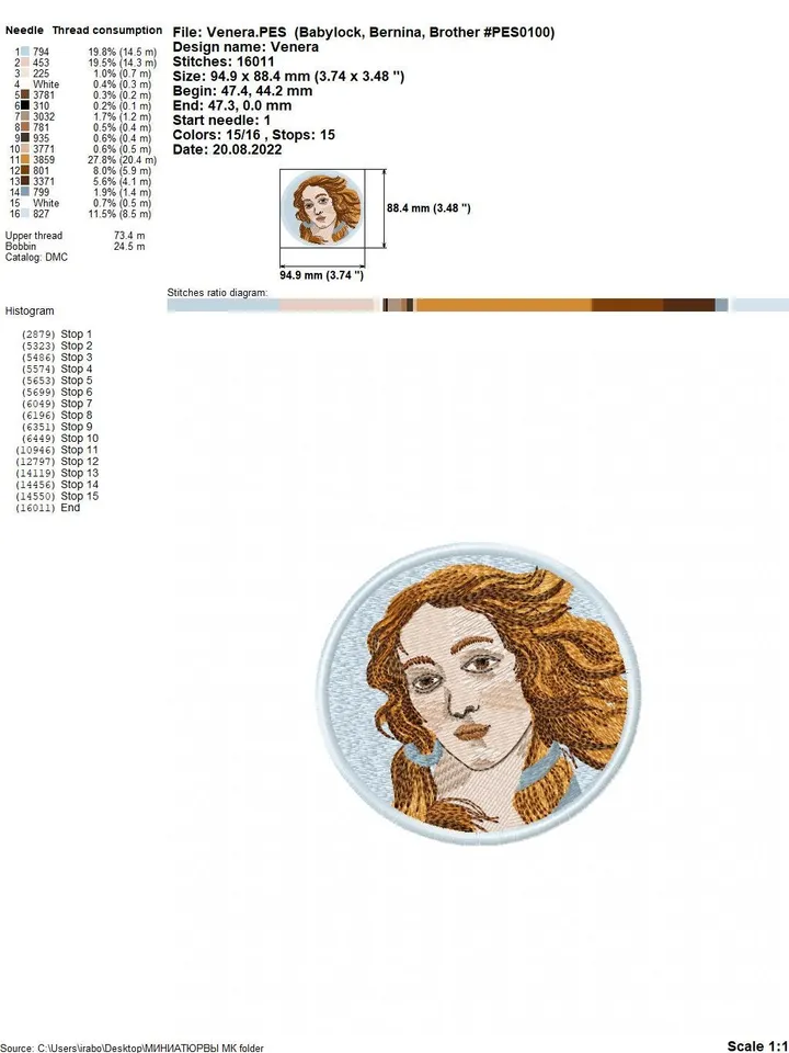 Venus miniature machine embroidery design based on a fragment of Botticelli's painting The Birth of Venus Machine embroidery pattern