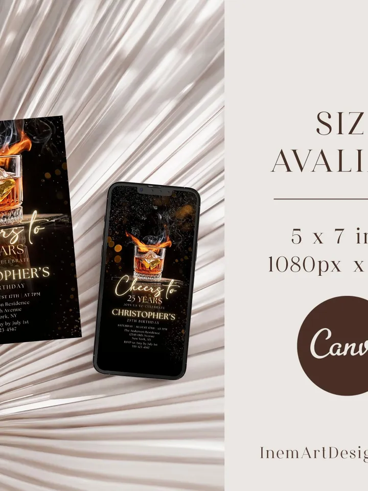 Whiskey Birthday Invitation, Cheers to 25 Years, Editable Canva Invite, Adult Men Party, Cognac Scotch Liquor
