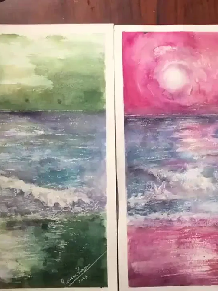 Green and pink sunset original watercolor painting,set of two fantasy wall decoration,landscapes,seascapes painting.