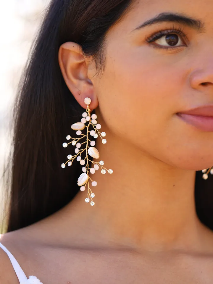 Opal Boho Wedding Earrings, Swarovski Crystal Long Bridal Earrings, Boho Bridal Earrings, Chandelier Statement Leaf Wedding Earrings Jewelry