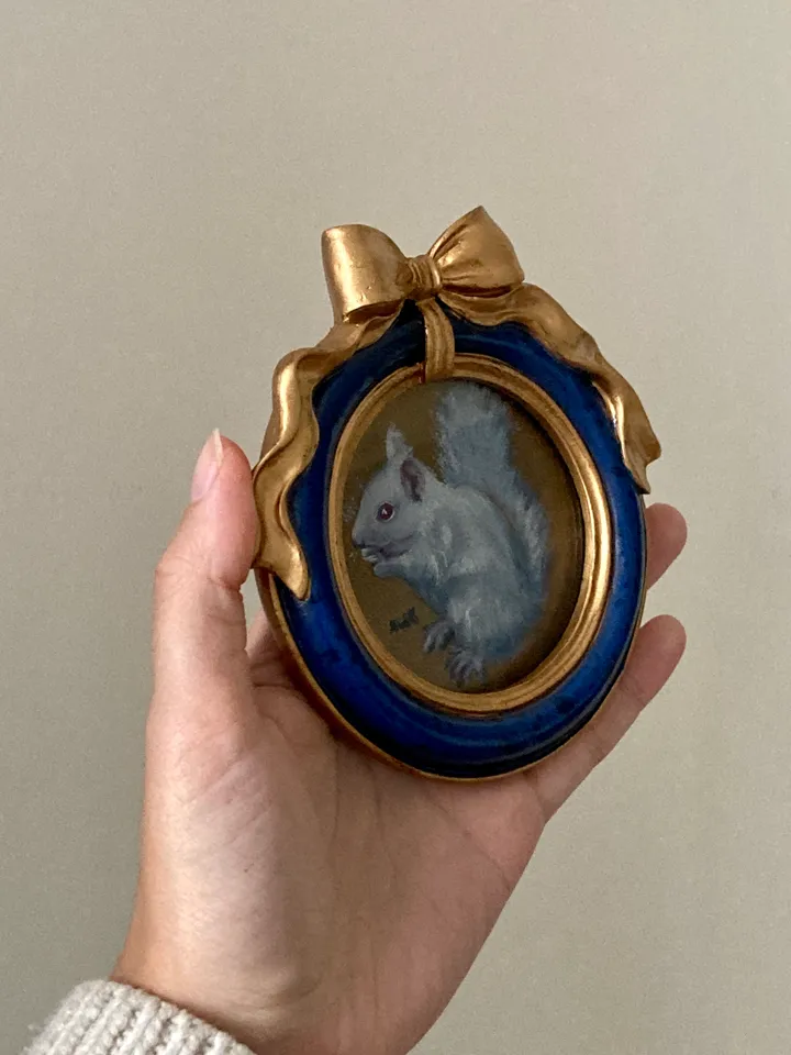 Framed Squirrel Oil Painting Original Albino Bird Art Dark Cottagecore Art Round Frame
