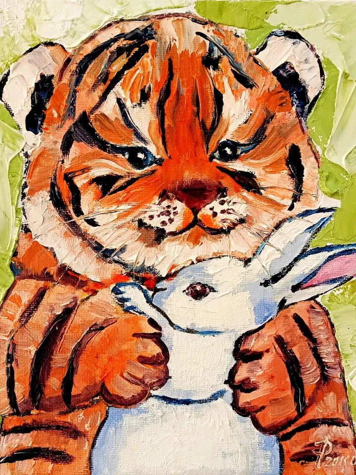 Tiger cub Painting Rabbit Original Art Christmas Gifts Impasto Oil Painting Tiger Painting Tiger Art Rabbit Art by ArtProkopaloSv