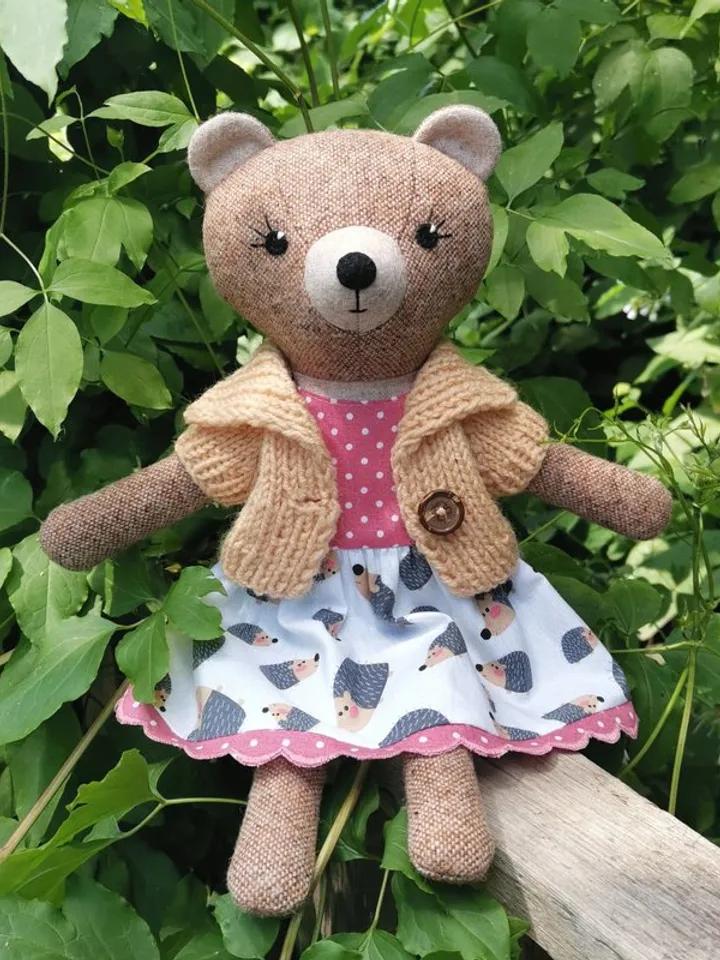 Brown bear girl, handmade plush toy, stuffed teddy bear doll, textile animal doll