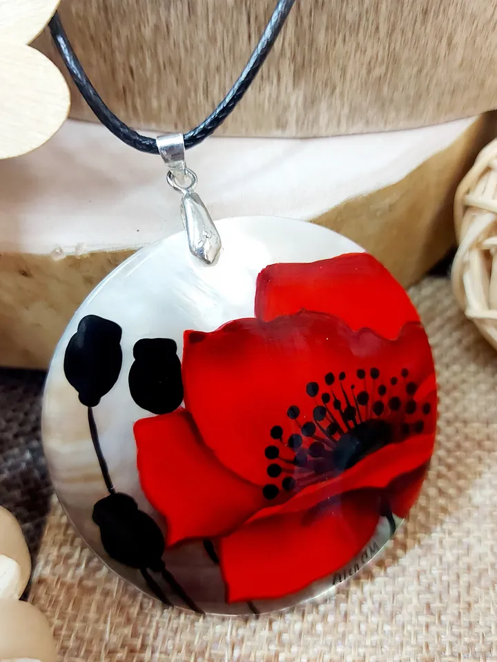 Pearl pendant necklace: Big Red Poppy hand painted on Abalone Shell Pendant • Aesthetic flower design on graceful necklace for her dress