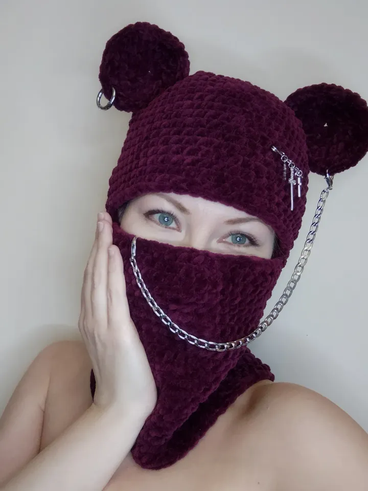 Crazy bear balaclava crochet Goth balaclava with bear ears Trendy balaclava with ears Teens gift Halloween bear mask