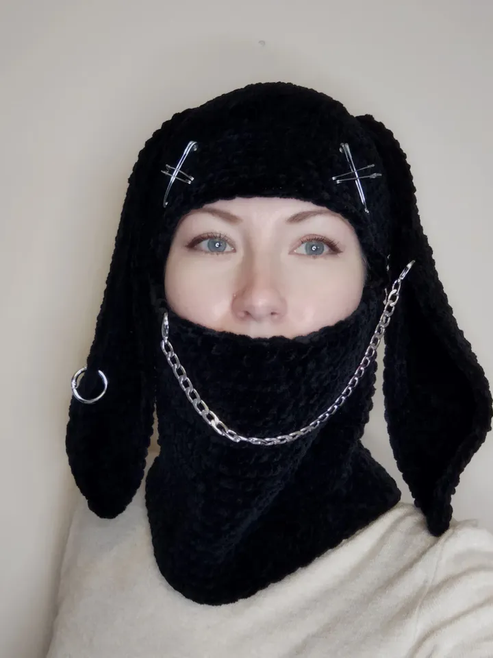 Black bunny balaclava crochet Balaclava with bunny ears Halloween bunny full face mask Creepy bunny balaclava