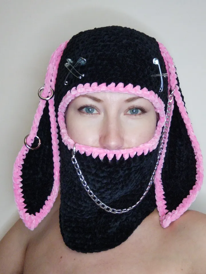 Pink black bunny balaclava Bunny kigurumi hat Sexy balaclava hat Crazy bunny hat crochet Halloween full face cover