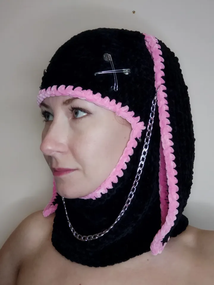 Pink black bunny balaclava Bunny kigurumi hat Sexy balaclava hat Crazy bunny hat crochet Halloween full face cover