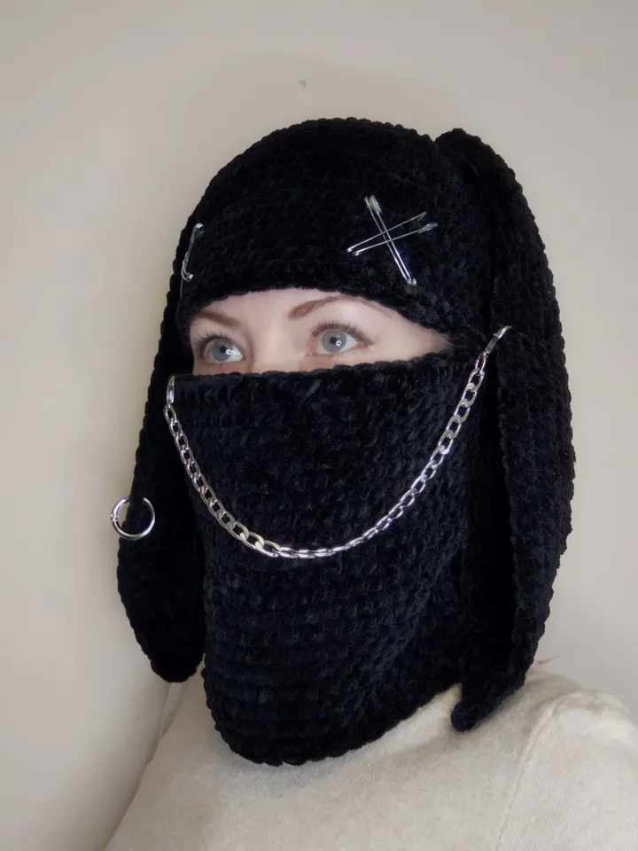 Black bunny balaclava crochet Balaclava with bunny ears Halloween bunny full face mask Creepy bunny balaclava