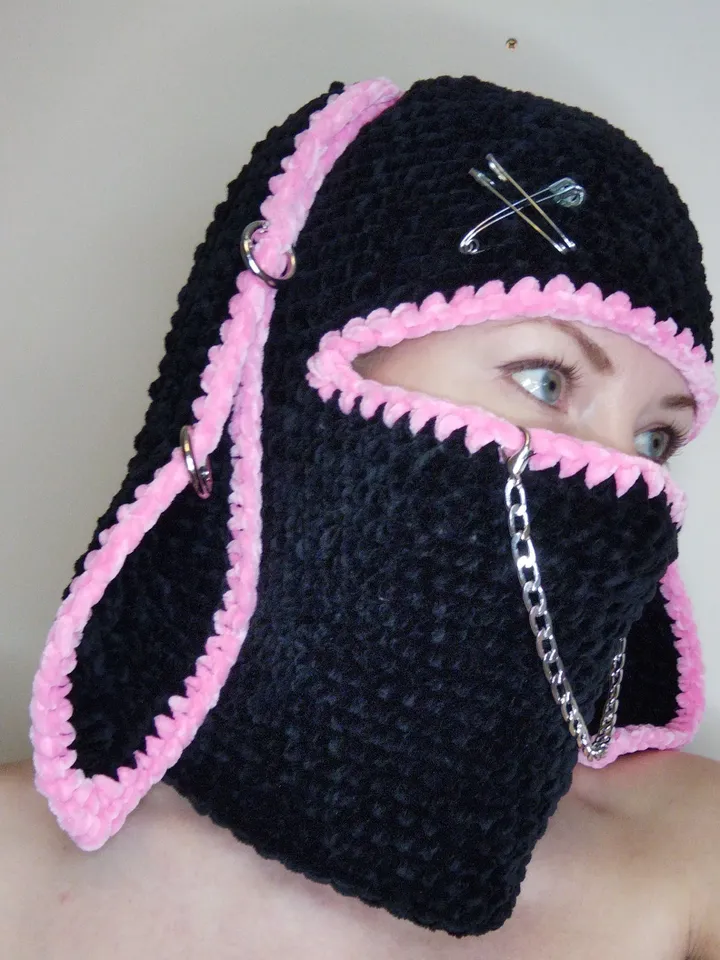 Pink black bunny balaclava Bunny kigurumi hat Sexy balaclava hat Crazy bunny hat crochet Halloween full face cover