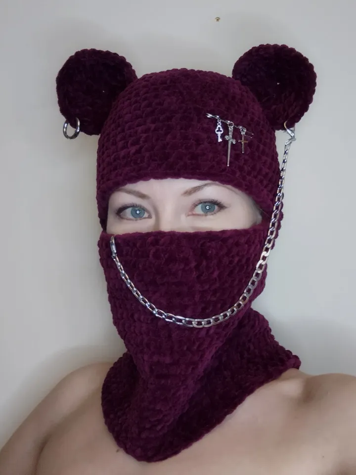 Crazy bear balaclava crochet Goth balaclava with bear ears Trendy balaclava with ears Teens gift Halloween bear mask
