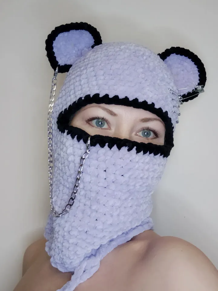 Pastel goth balaclava crochet Fluffy bear balaclava with chain Teens trendy balaclava Crazy bear balaclava hsnd knit