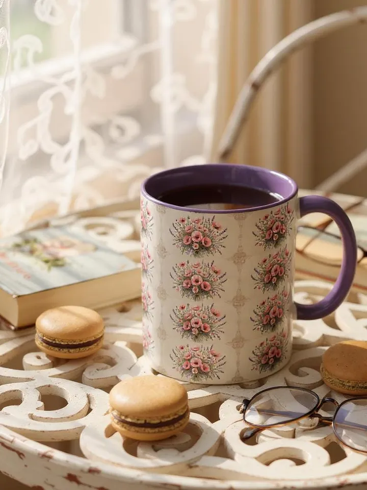 French Cottagecore Floral Mug | Embroidered Flower Aesthetic | Vintage Chateaucore Mug | Soft Pastel Country Style Gift | Cozy Farmhouse Mug