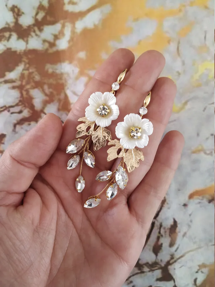 Silver, Gold Porcelain Flower Bridal Earrings, Chandelier Statement Wedding Earrings, Leaf Earrings, Boho Bridal Earrings, Crystal Earrings