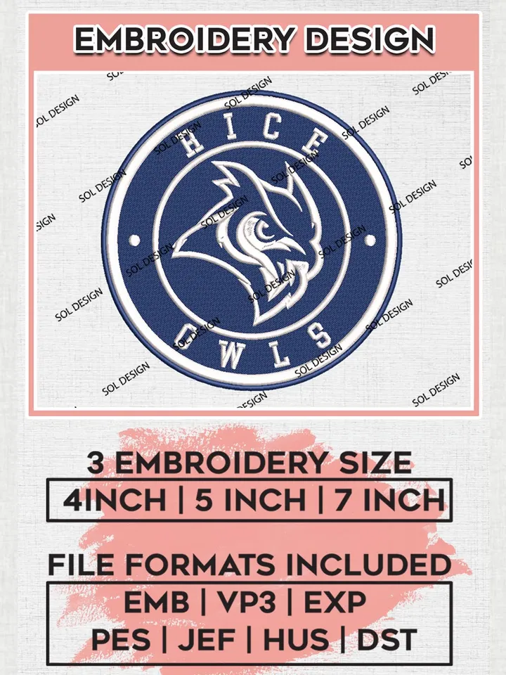 NCAA Rice Owls Round Logo Embroidery, NCAA Rice Owls Logo Embroidery files, NCAA Teams, Machine embroidery designs, Digital Download