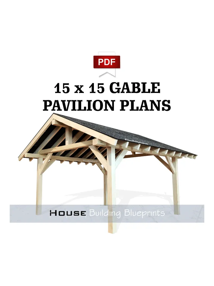 Covered 15' x 15' gable gazebo plans for DIY. Outdoor carport plans. Diy backyard wooden garage plans for patio in pdf.