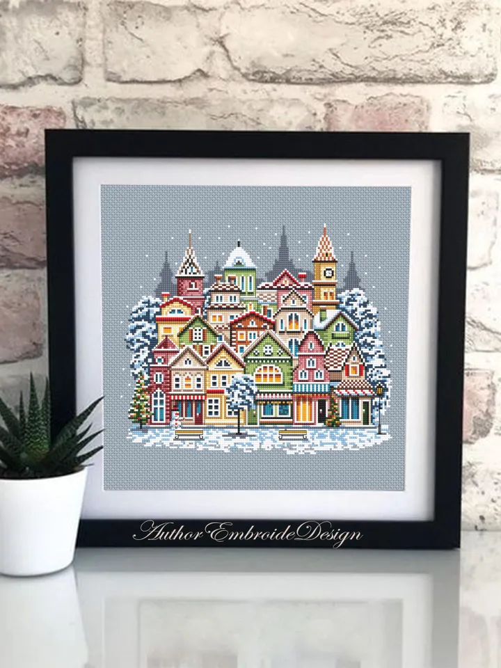 Christmas houses cross stitch pattern PDF download Winter cross stitch chart, Christmas city pattern digital PDF, Urban landscape #N144