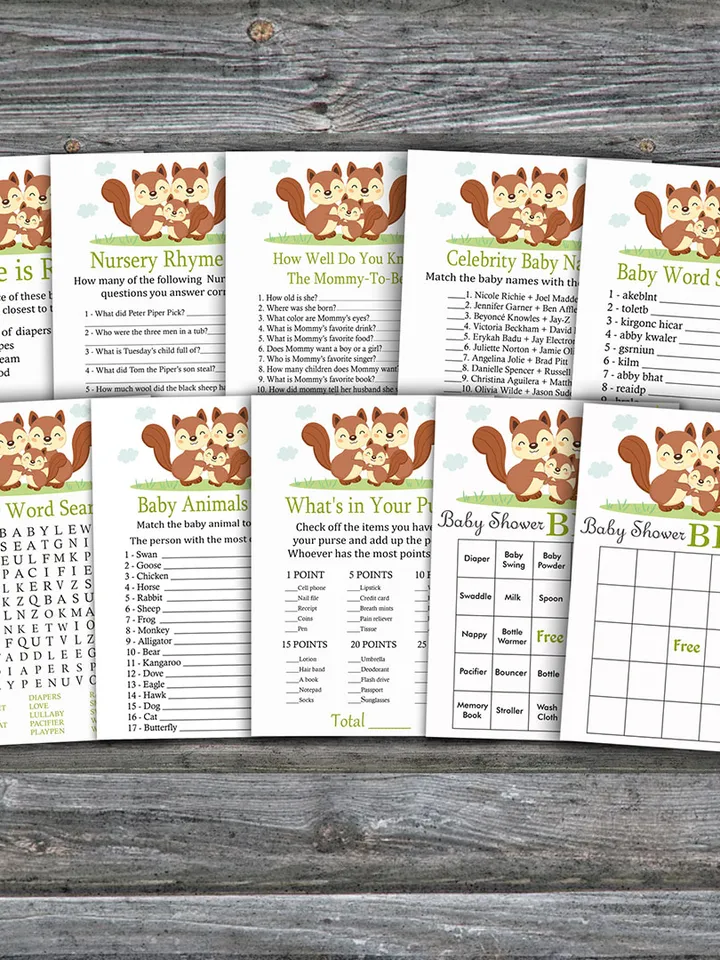 Squirrel baby shower games bundle,Woodland Baby Shower games package,Fun Baby Shower Games,9 Printable Games-293