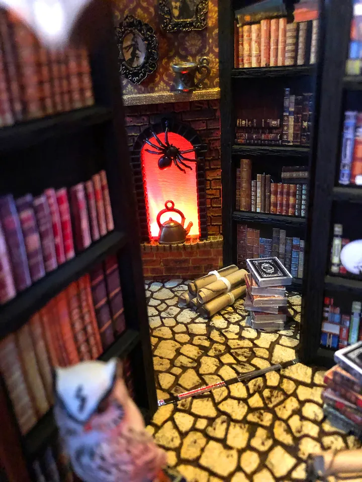 Book nook library Diorama Bookshelf Insert Dark Academia booknook, Wizard library, bookshelf insert, Magic light, Secret library