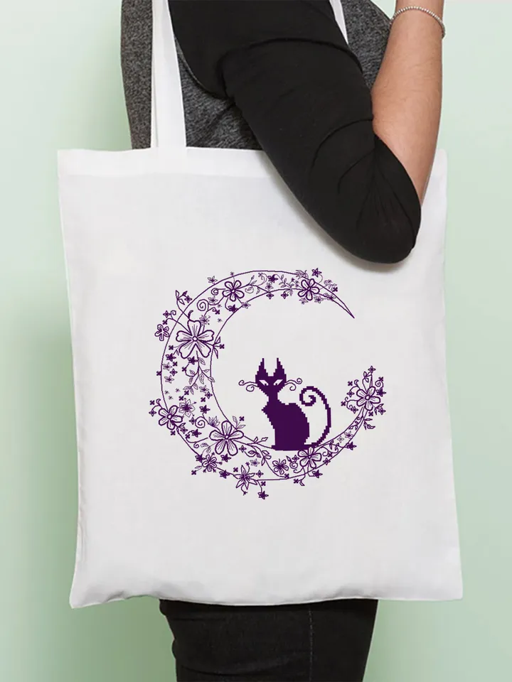 Cat blackwork pattern PDF Crescent moon Backstitch chart, Funny Black cat cross stitch, Flower moon blackwork embroidery download PDF #W4