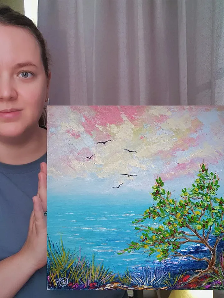 Seascape Painting Tree Original Art Landscape Artwork Beach Oil Painting Canvas