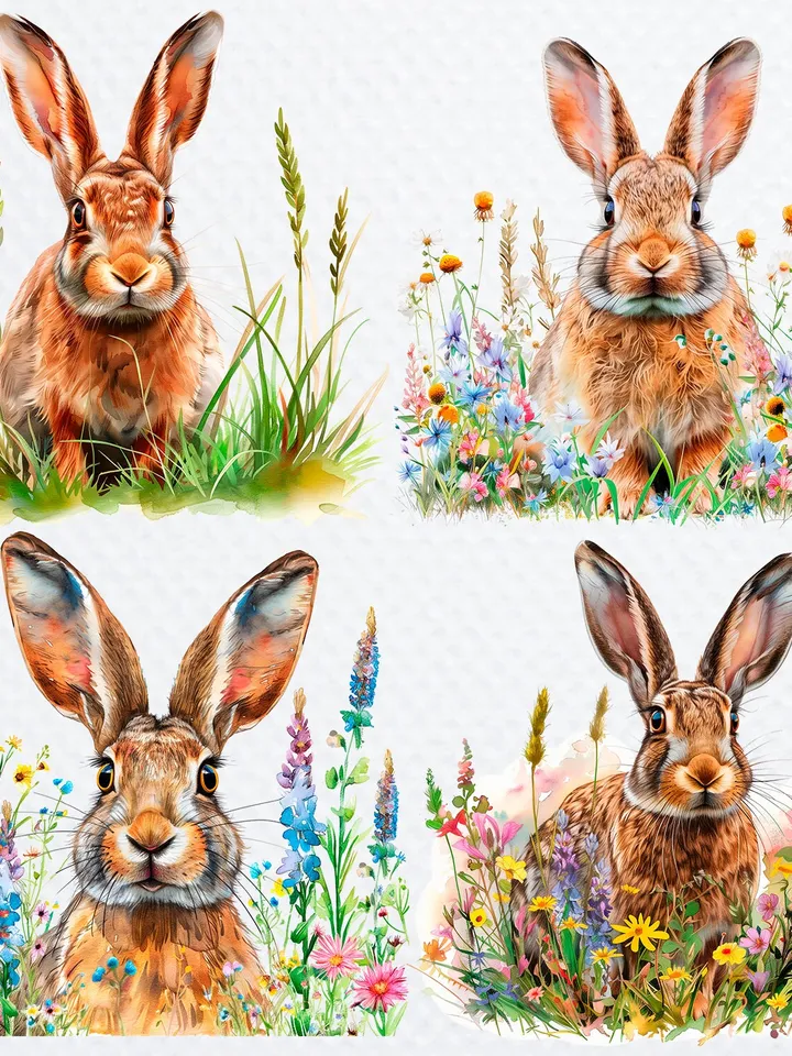 12 Surprised Rabbit PNGs Clipart, Amazed Hare png for sublimation, Printable Watercolor clipart, , Paper Rabbit crafts, junk journals