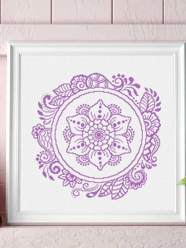 Flower mandala ornament cross stitch pattern PDF download, Monochrome floral cross stitch chart, Simple mandala pattern digital PDF #M201