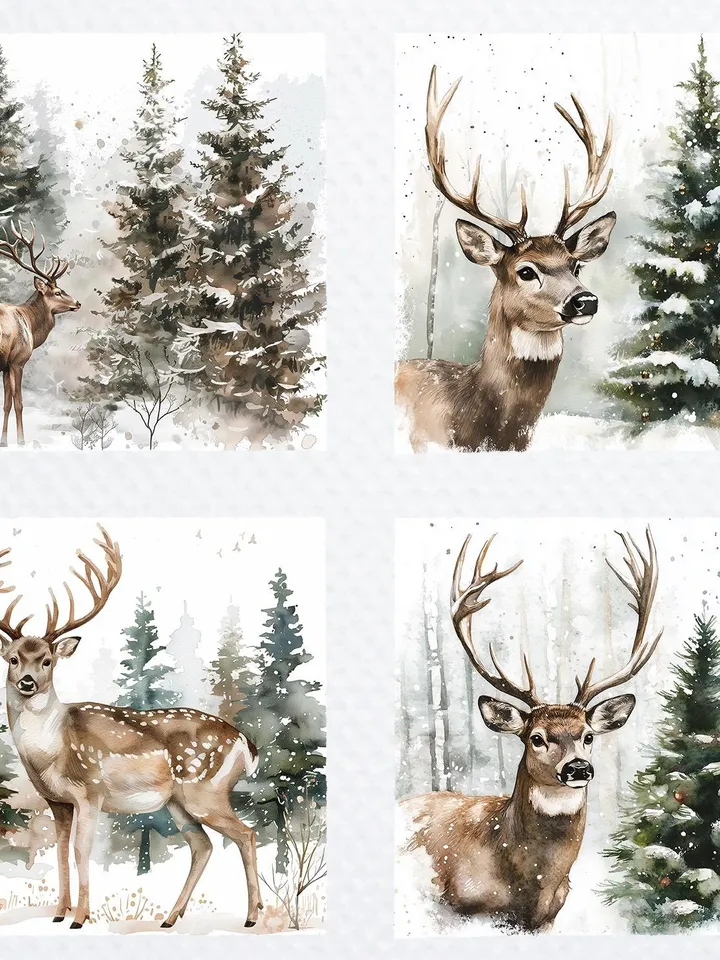 14 Christmas Deer PNG Bundle, Reindeer, Winter Deer  Watercolor clipart for sublimation, High Quality PNGs, Digital download, Paper craft