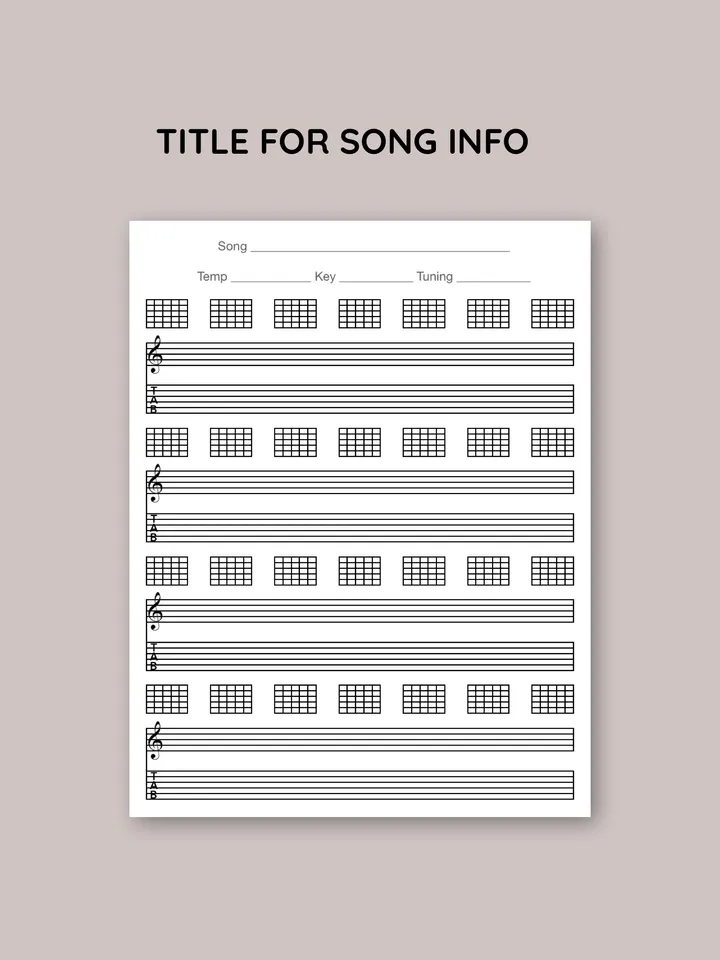 Blank printable guitar tabulature. Guitar tab and chord chart sheet Music. Blank guitar TAB sheet with chord boxes